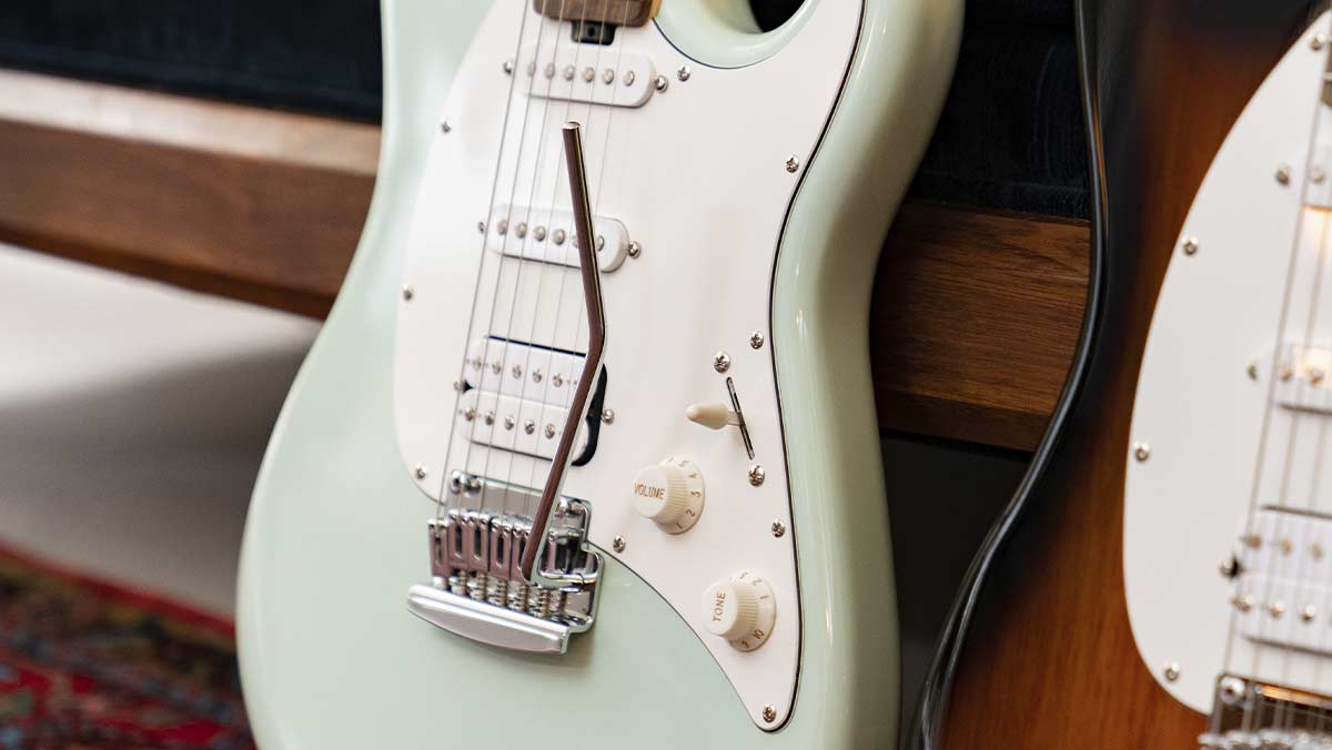 Closeup of a stratocaster style guitar