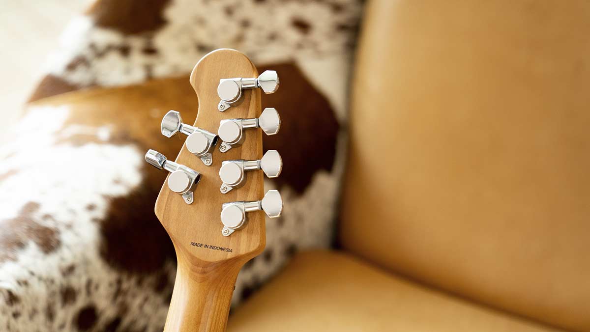 Closeup of a headstock silver tuning pegs
