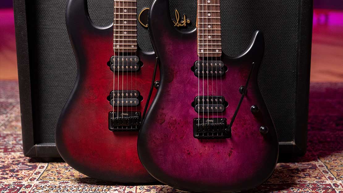 Two Richardson artist series guitars in dark scarlet burst satin and cosmic purple burst satin