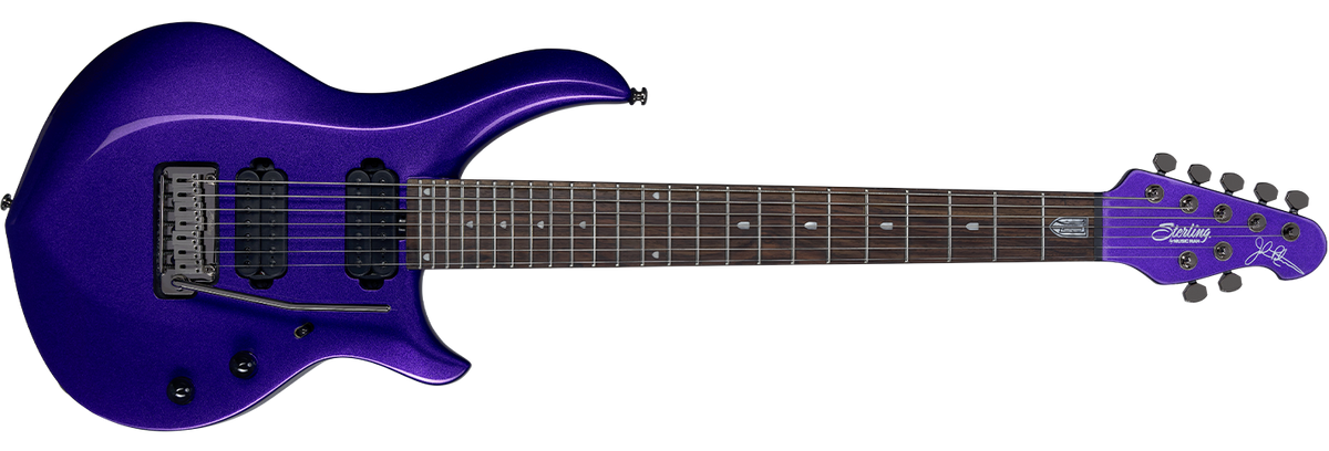 The 2019 Majesty 7 guitar in Purple Metallic front details.