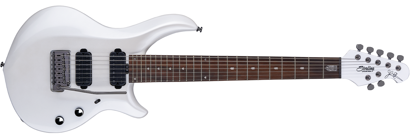 The 2019 Majesty 7 guitar in Pearl White front details.