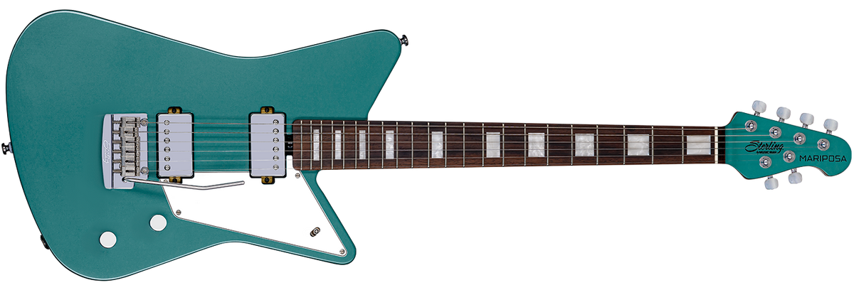 The Mariposa guitar in Dorado Green front details.