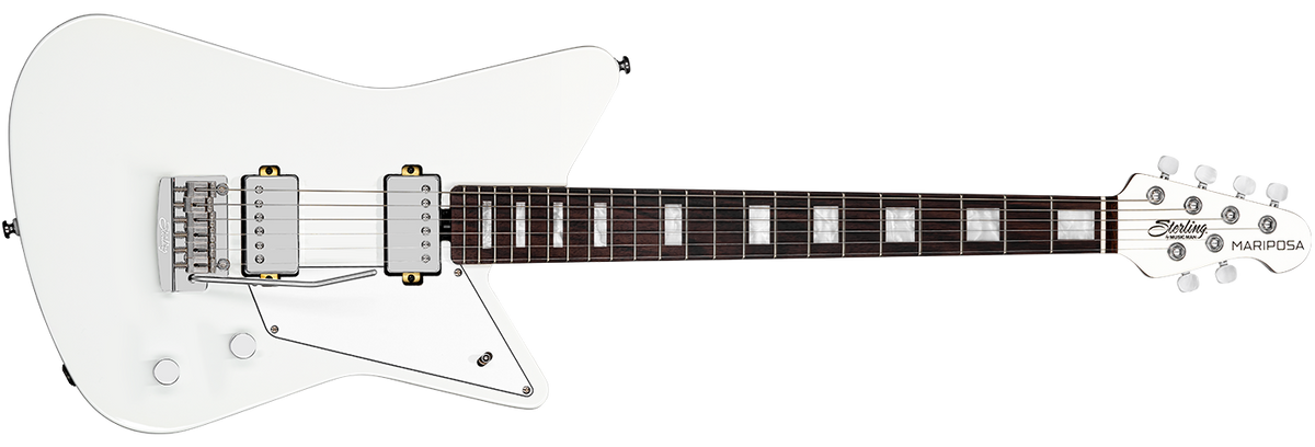 The Mariposa guitar in Imperial White front details.
