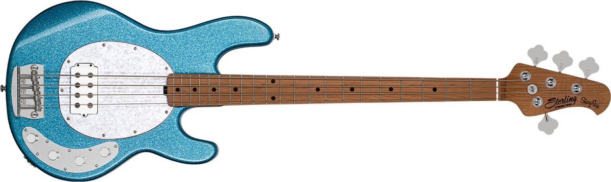 The StingRay Ray34 bass in Blue Sparkle front details.