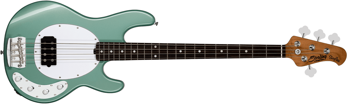 The StingRay Ray34 bass in Dorado Green front details.