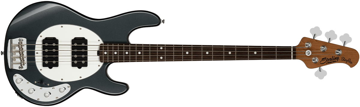 The StingRay Ray34HH bass in Charcoal Frost front details.