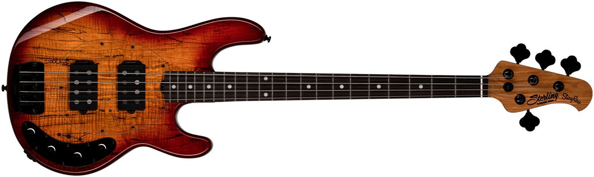 The StingRay Ray34HH Maple Top bass in Blood Orange Burst