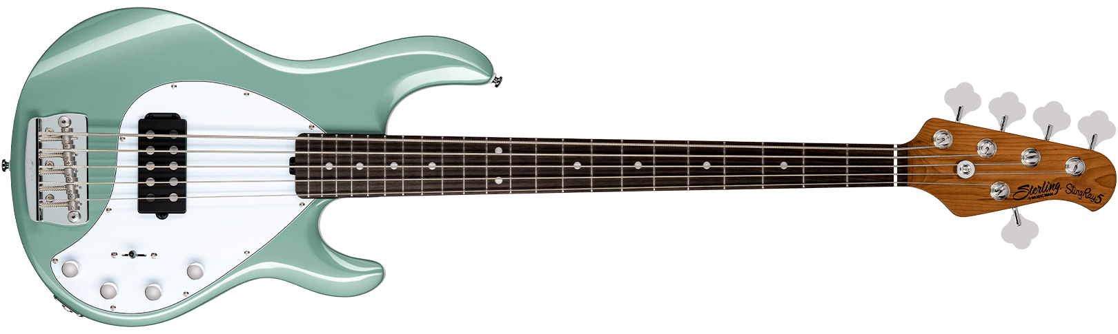 The StingRay Ray35 bass in Dorado Green front details.