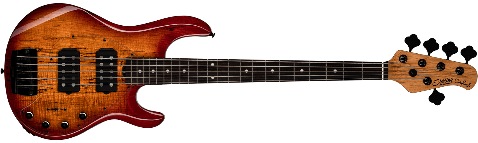 The StingRay 5 RAY35HHSM bass in Blood Orange Burst