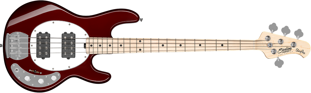 The StingRay Ray4HH bass in Candy Apple Red front details.