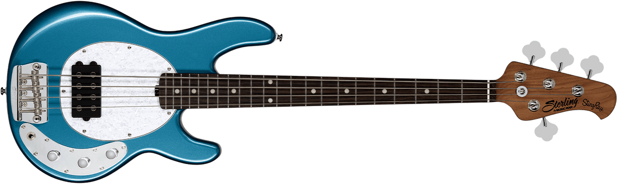 The Stingray Short Scale bass in Toluca Lake Blue front details.