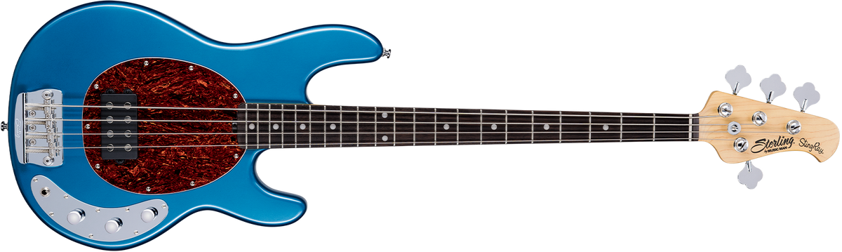 The StingRay Classic Ray24CA bass in Toluca Lake Blue front details.