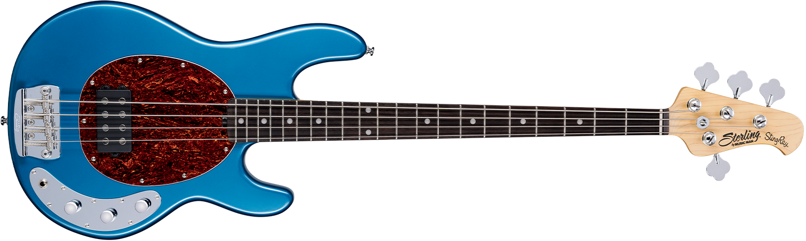 The StingRay Classic Ray24CA bass in Toluca Lake Blue front details.