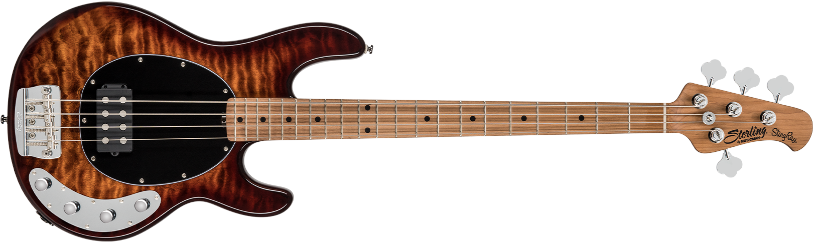 The StingRay RAY34QM bass in Island Burst front details.
