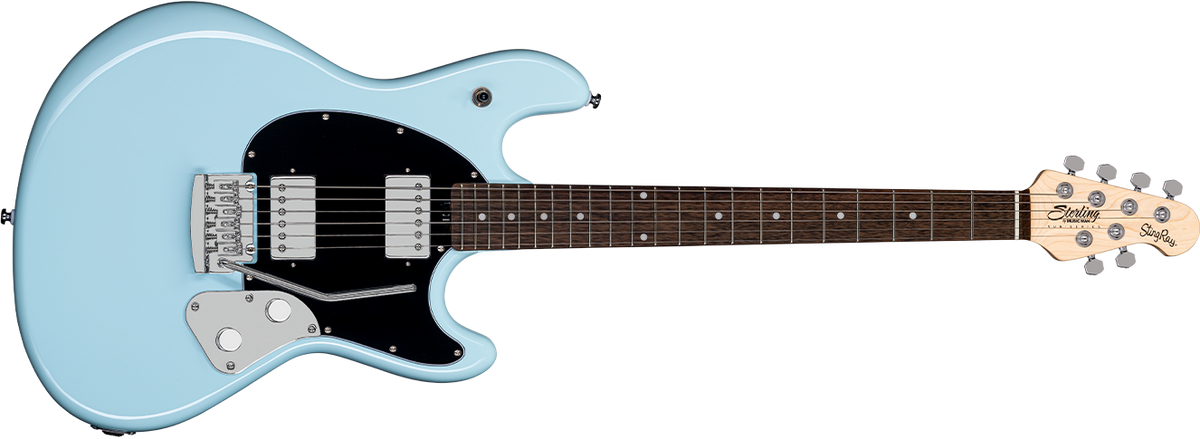 The StingRay guitar in Daphne Blue front details.